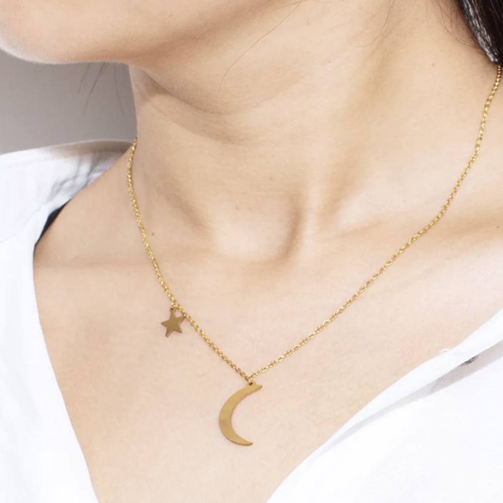 Moon Crescent Star Boho Gold Pendant Necklace - Picture 8 of 9
